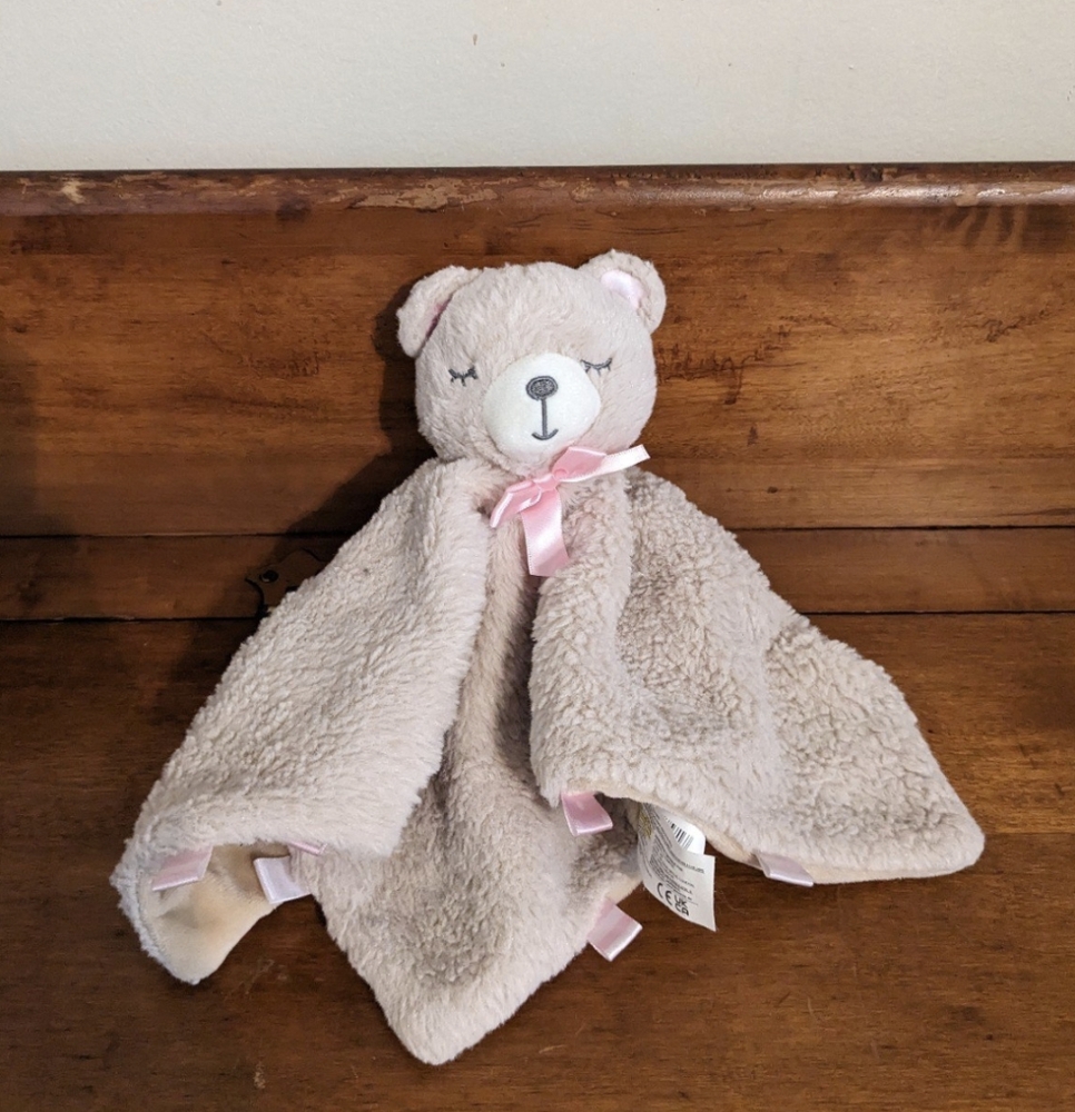 Kelly Baby Tan Bear Plush Lovey Rattle Security Blanket Pink Ribbon Bow Tags 14